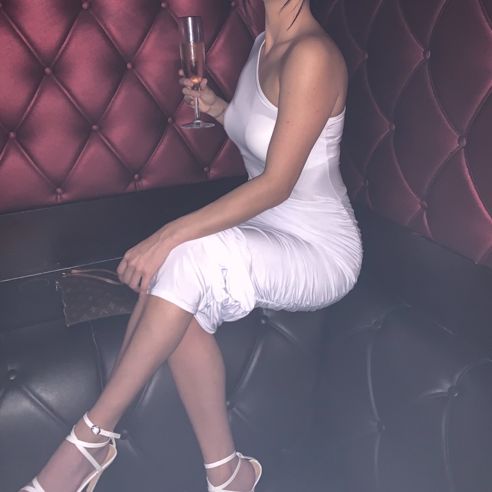 White slinky long sleeve one shoulder dress